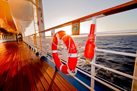 Life preserver and safety beacon on the deck of a ship.
