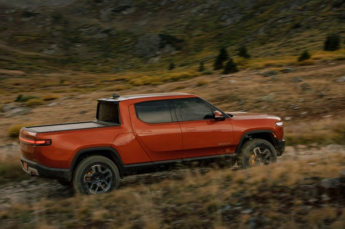 A Rivian R1T electric pickup truck.