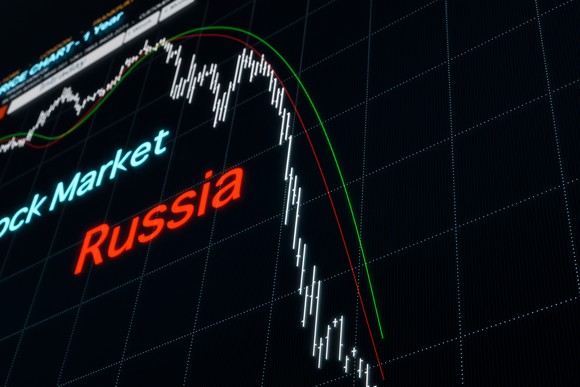 Declining stock chart over Russia.