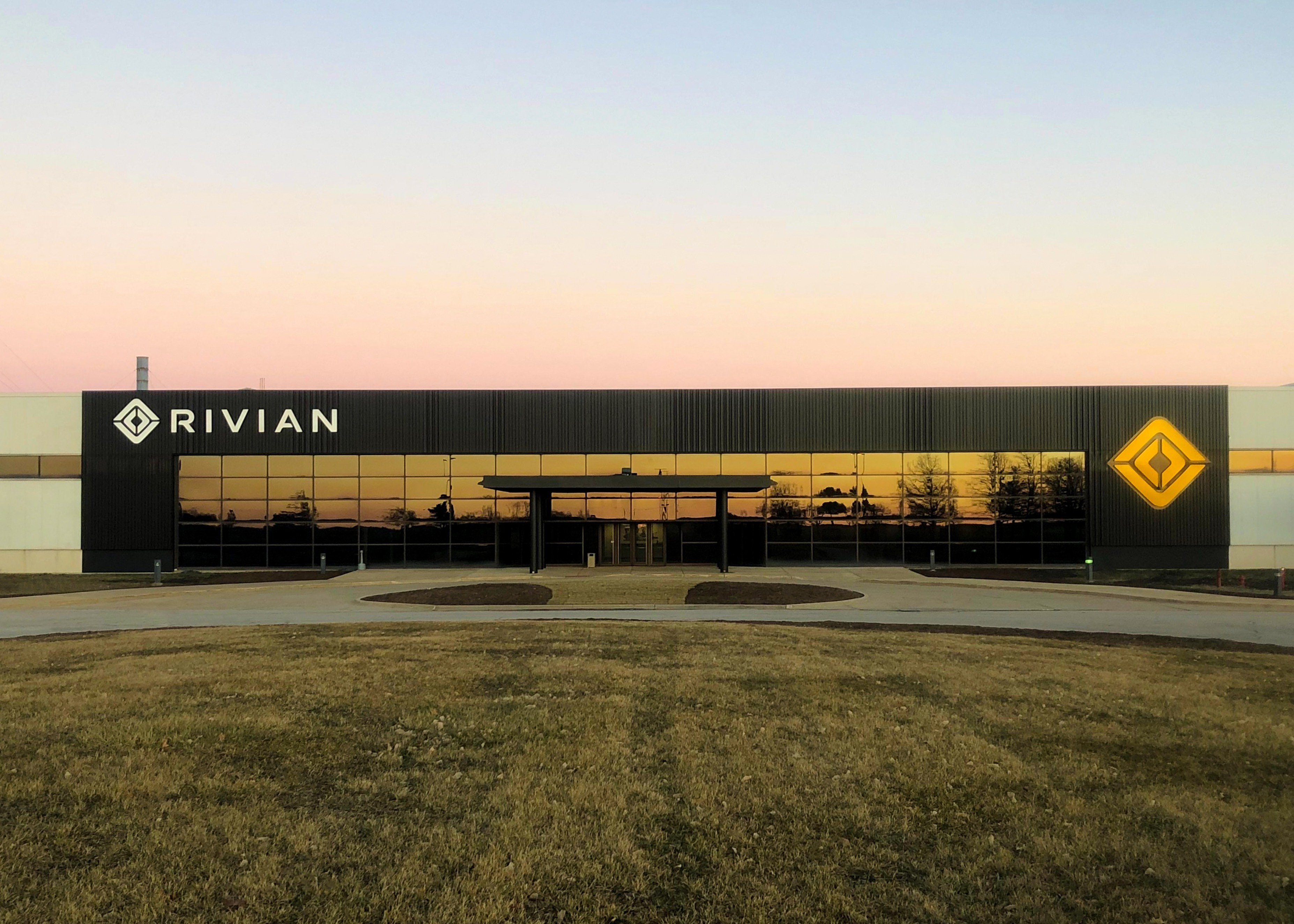 Front of Rivian manufucturing plant in Illinois. 