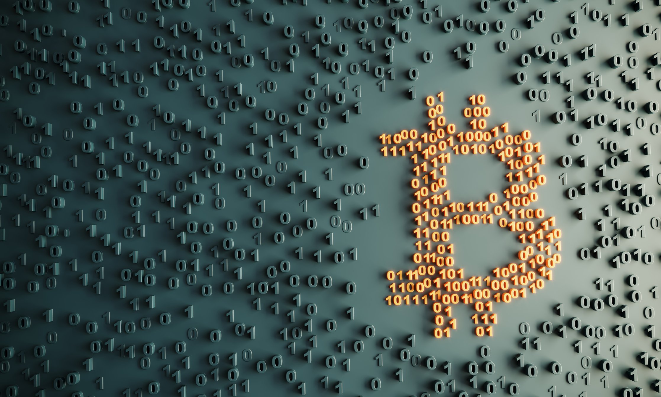 Bitcoin logo made with 1s and 0s. 