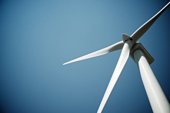 A wind turbine against a clear sky.