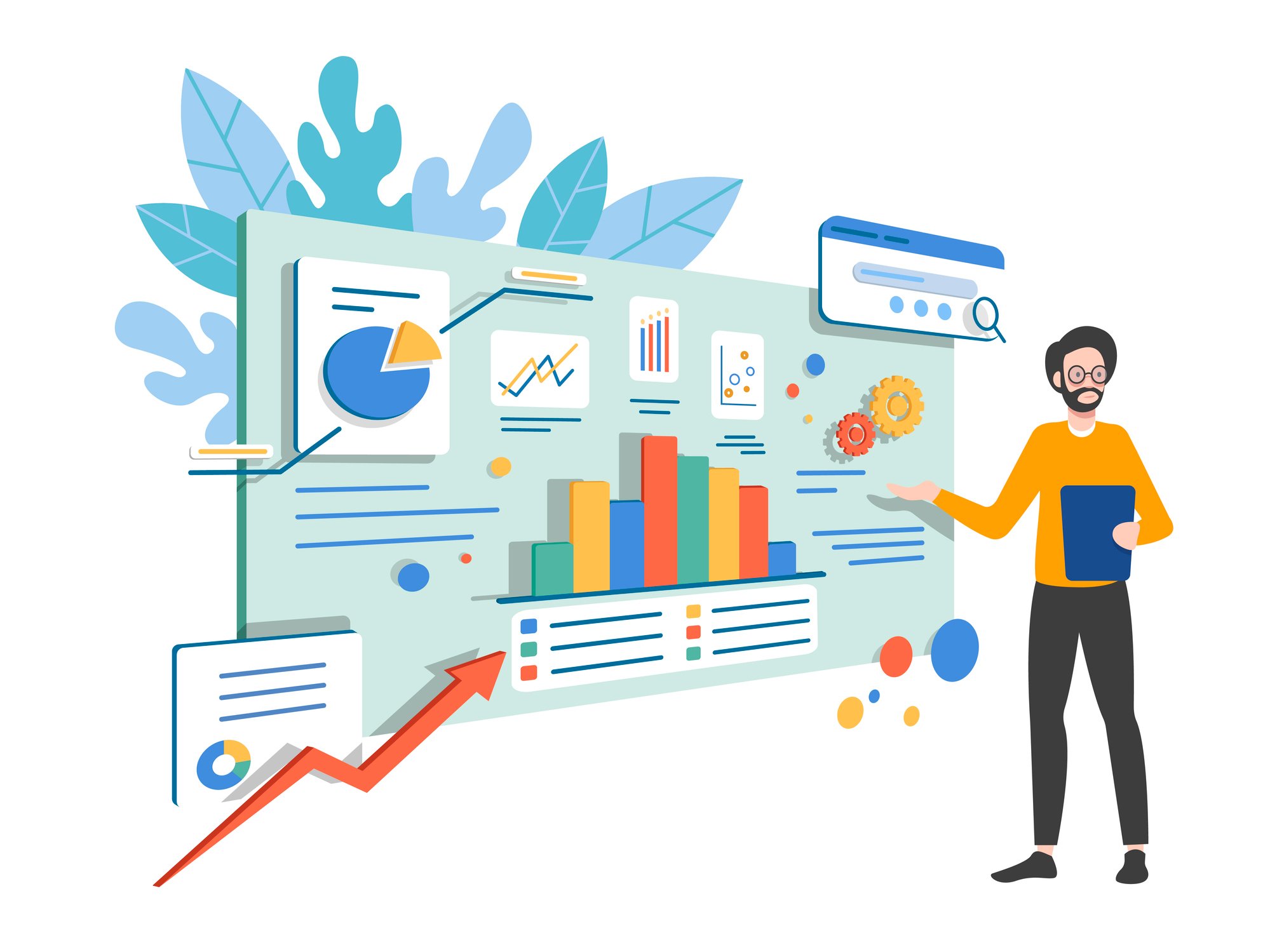 Cartoon with a person showing productivity tools. 