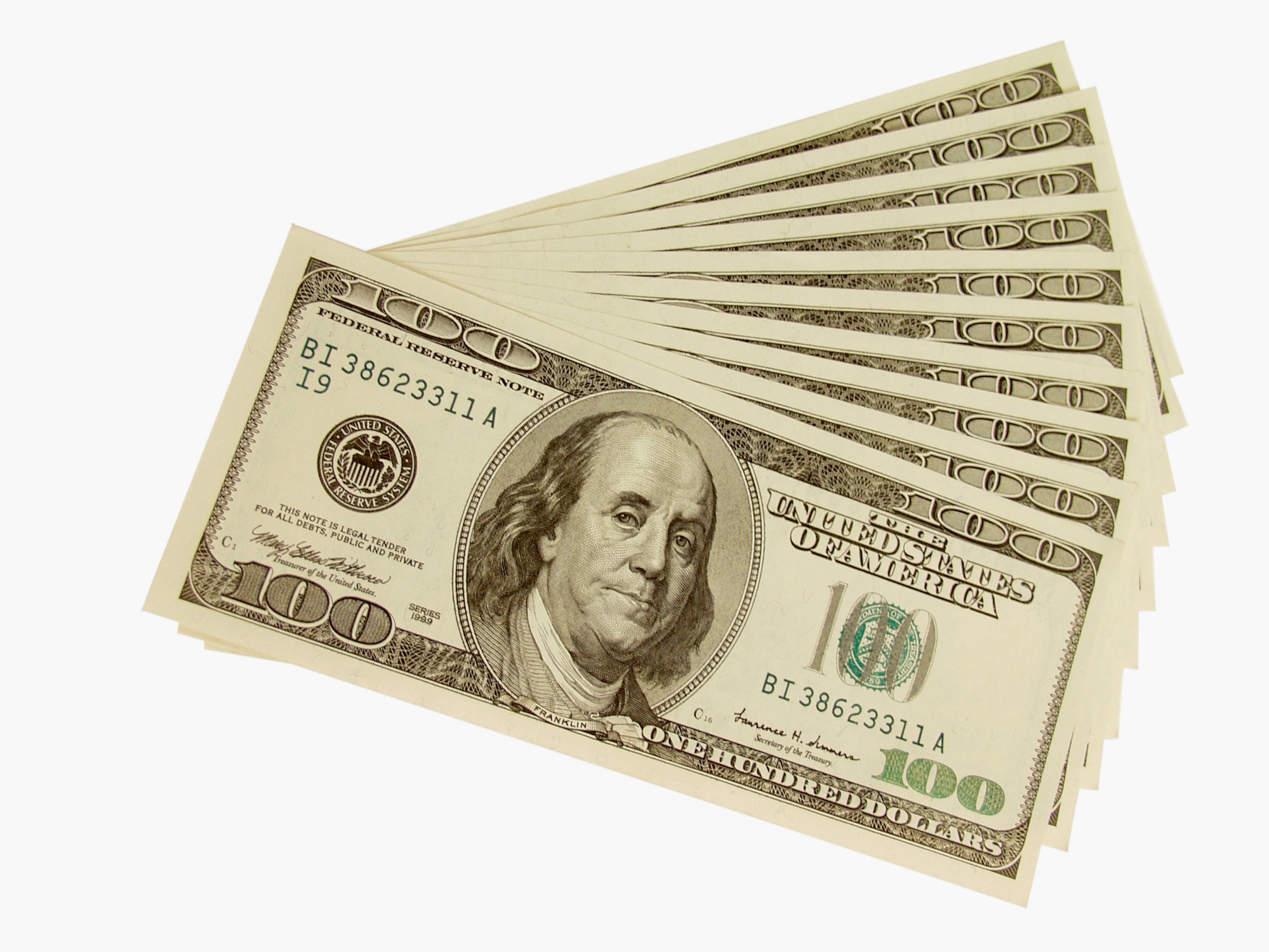 An arrangement of $100 U.S. banknotes.