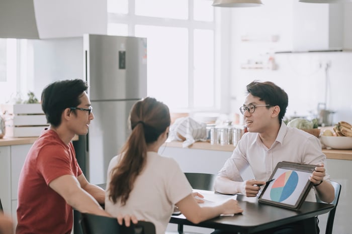 An advisor explaining a chart to clients.