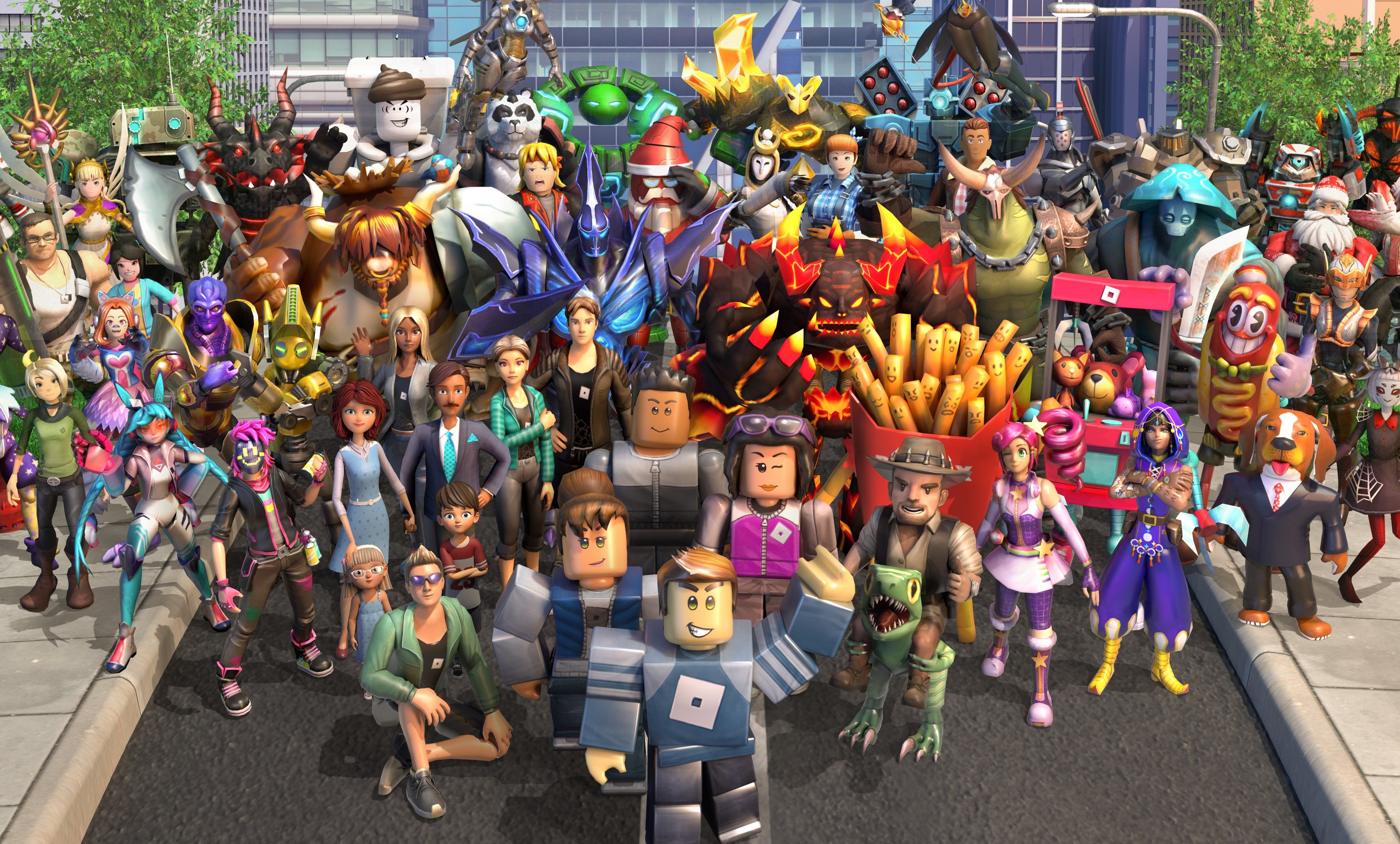 A lineup of Roblox avatars.