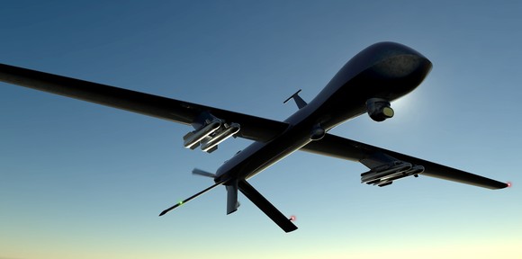 Combat drone in the sky.