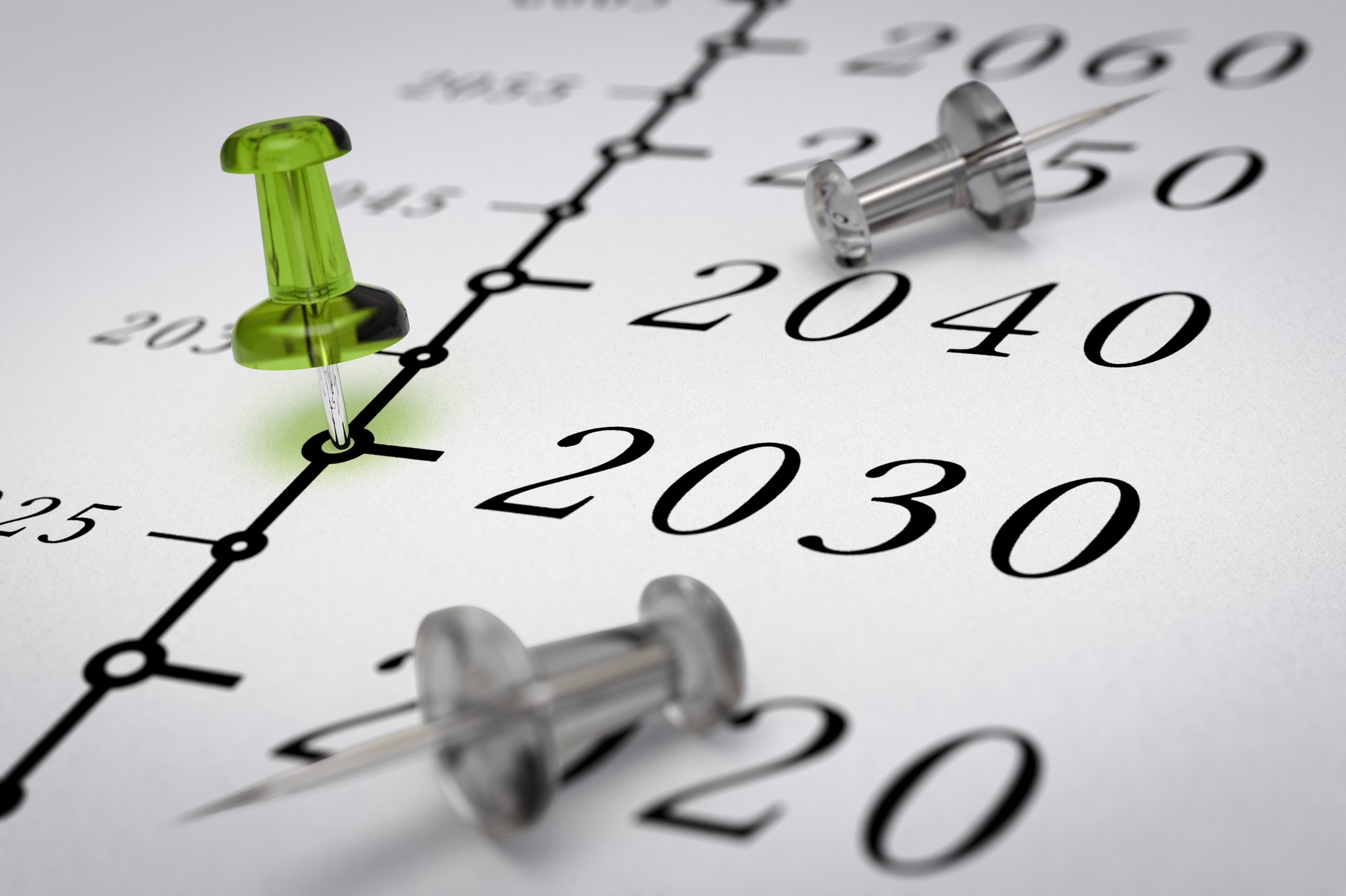 A long-term, multidecade timeline marked by push pins. 