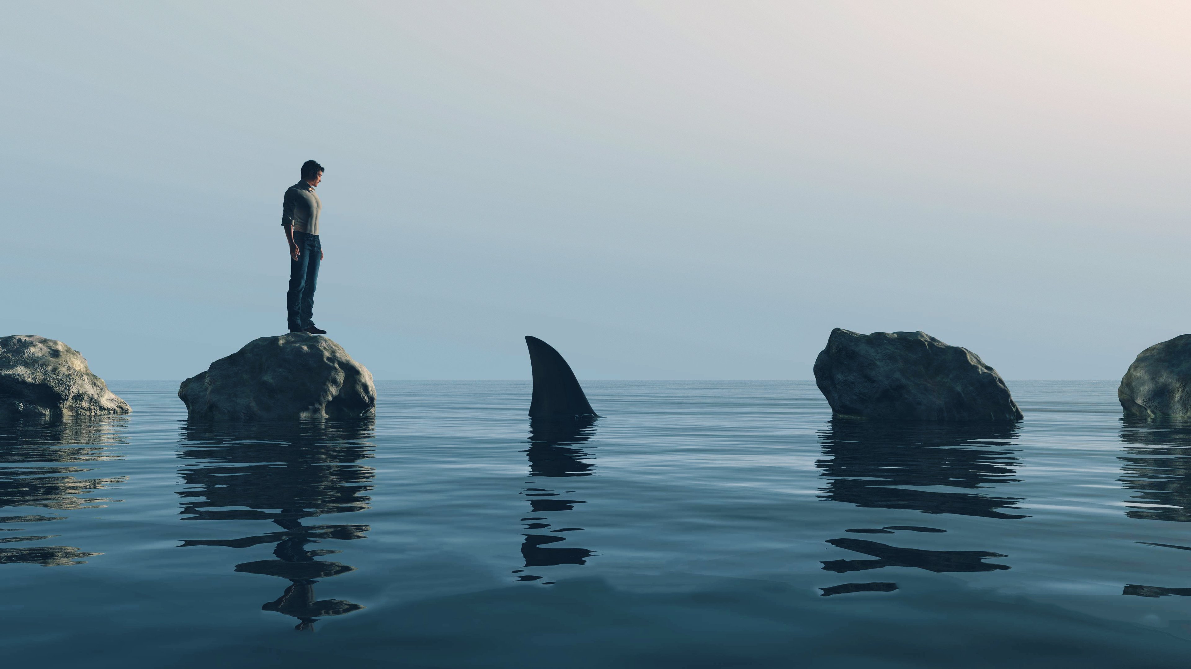 A person standing on a rock looking down at a shark fin sticking out of the water.