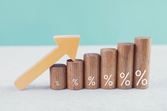 Wooden blocks with a percentage sign and arrow up to represent increasing interest rates.