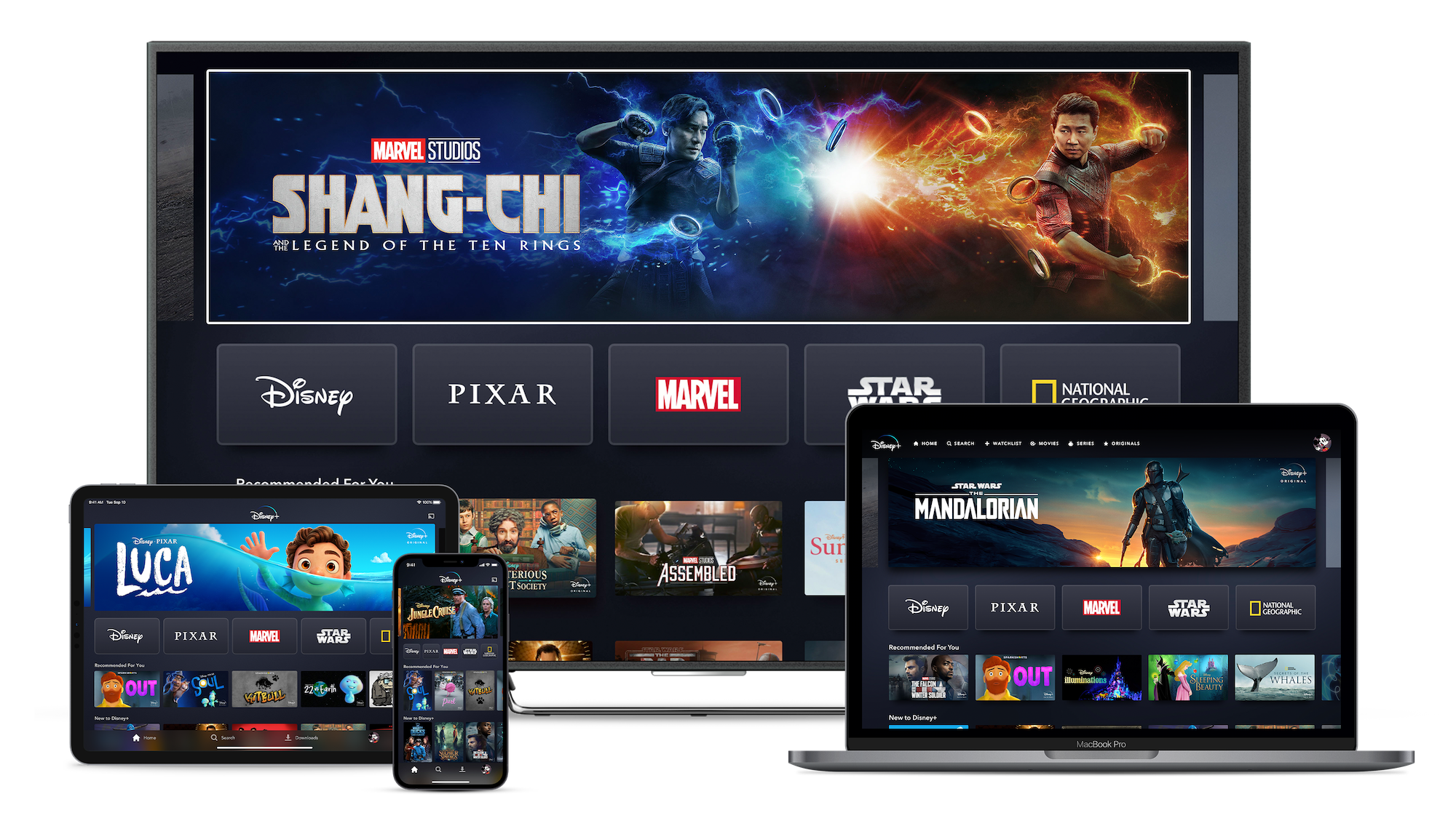 Disney+ home screen shown on a variety of devices.