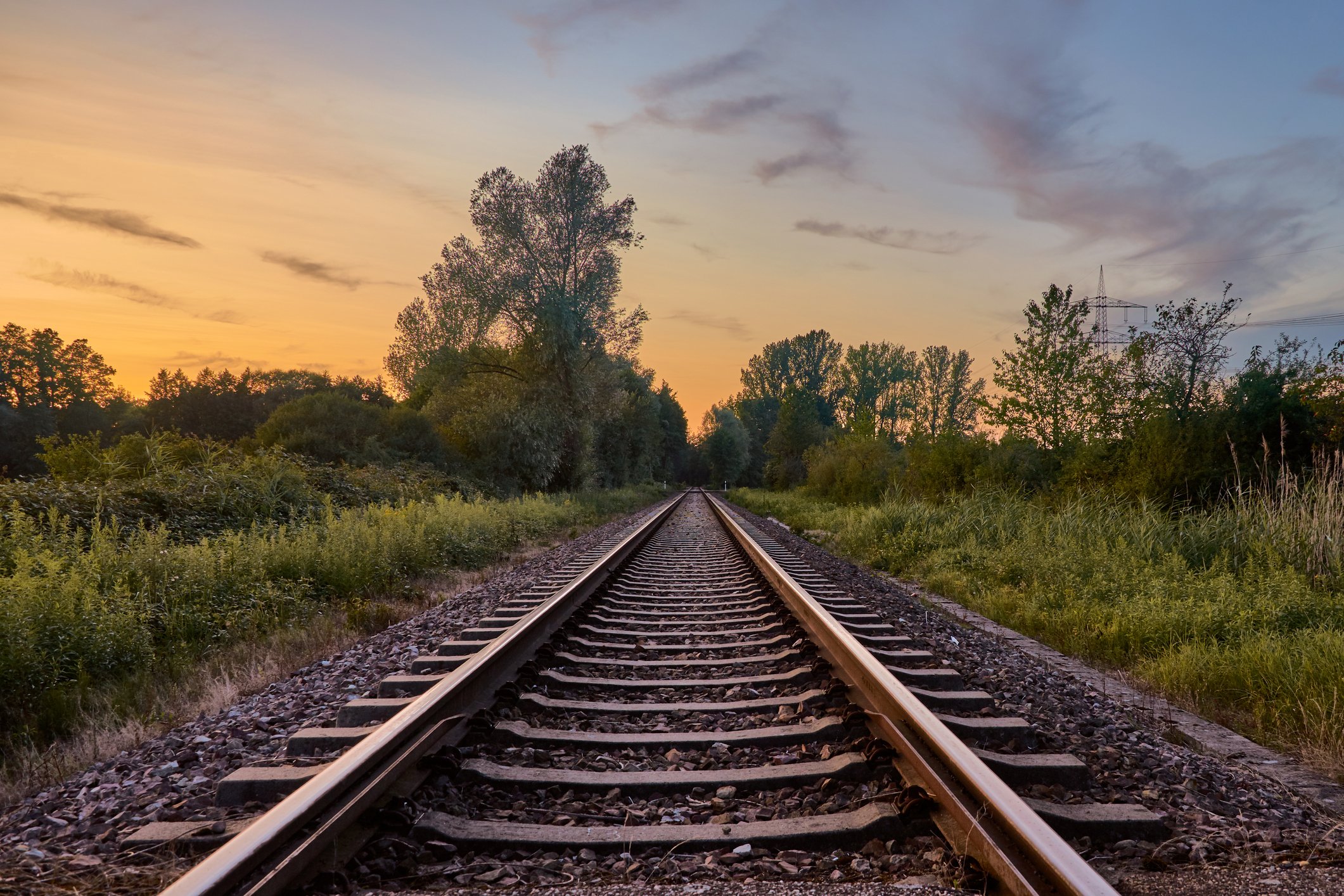 Railroad tracks stretching out to a horizon with a peaceful sunset and landscape.