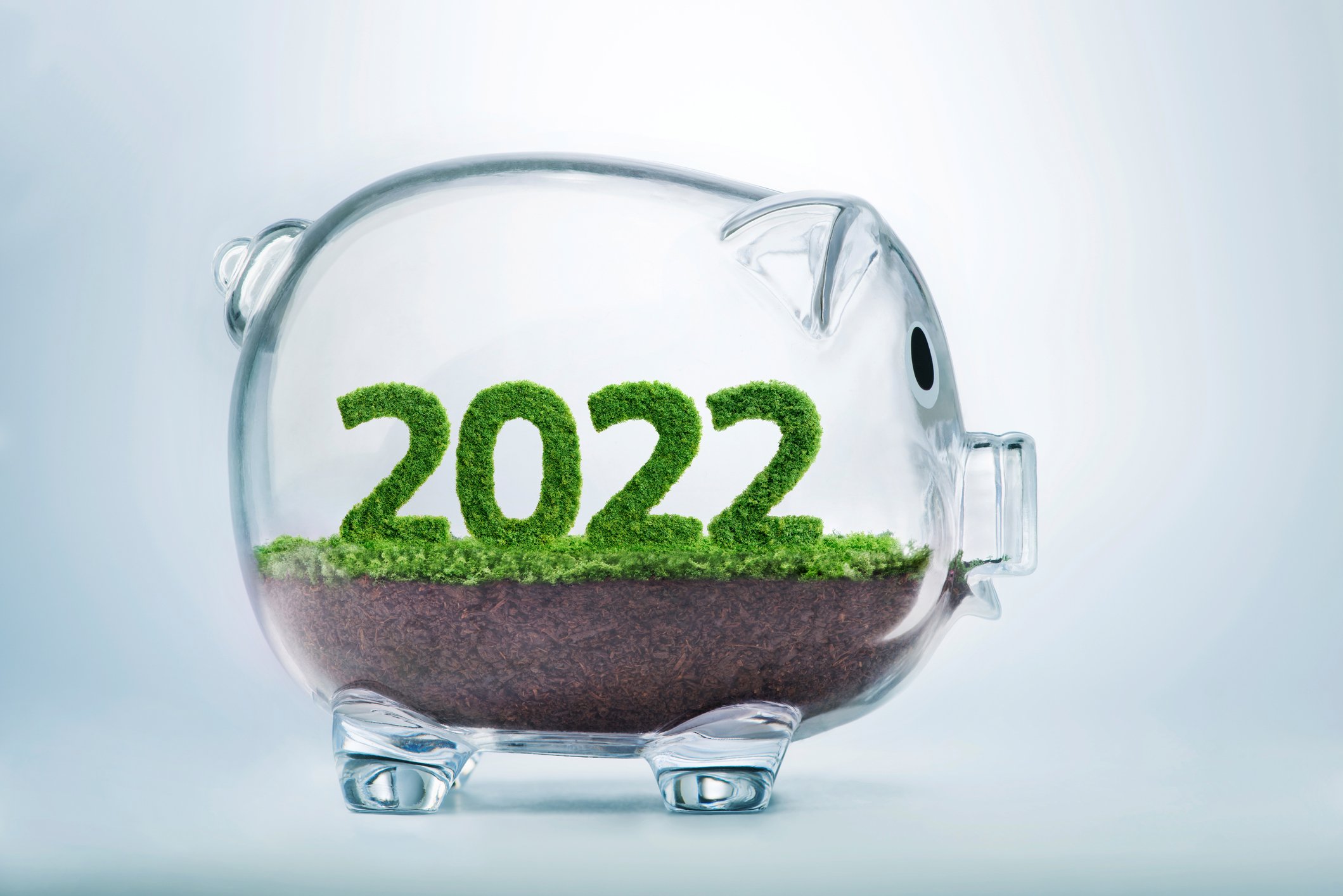 Transparent piggy bank with foliage inside that forms the year 2022.