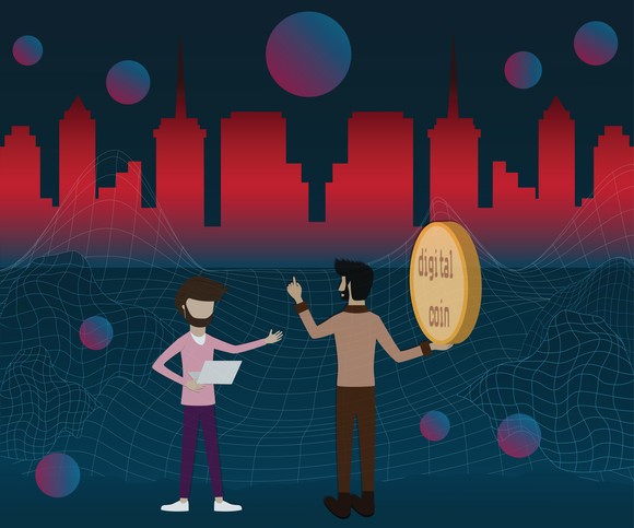 Two people stand in front of a digital landscape, one holding a coin and one holding a contract.