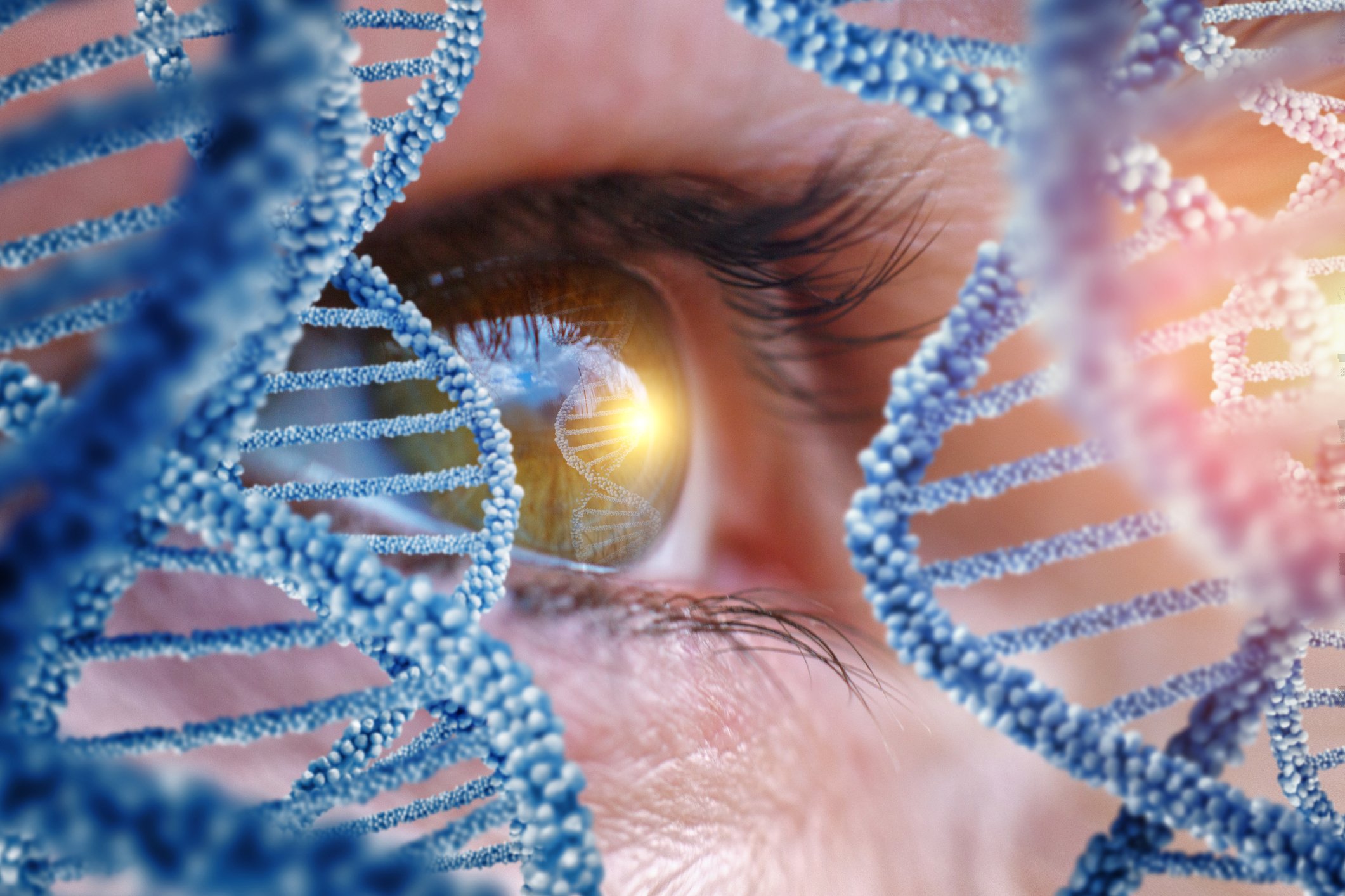 Images of DNA strands in front of a human eye.