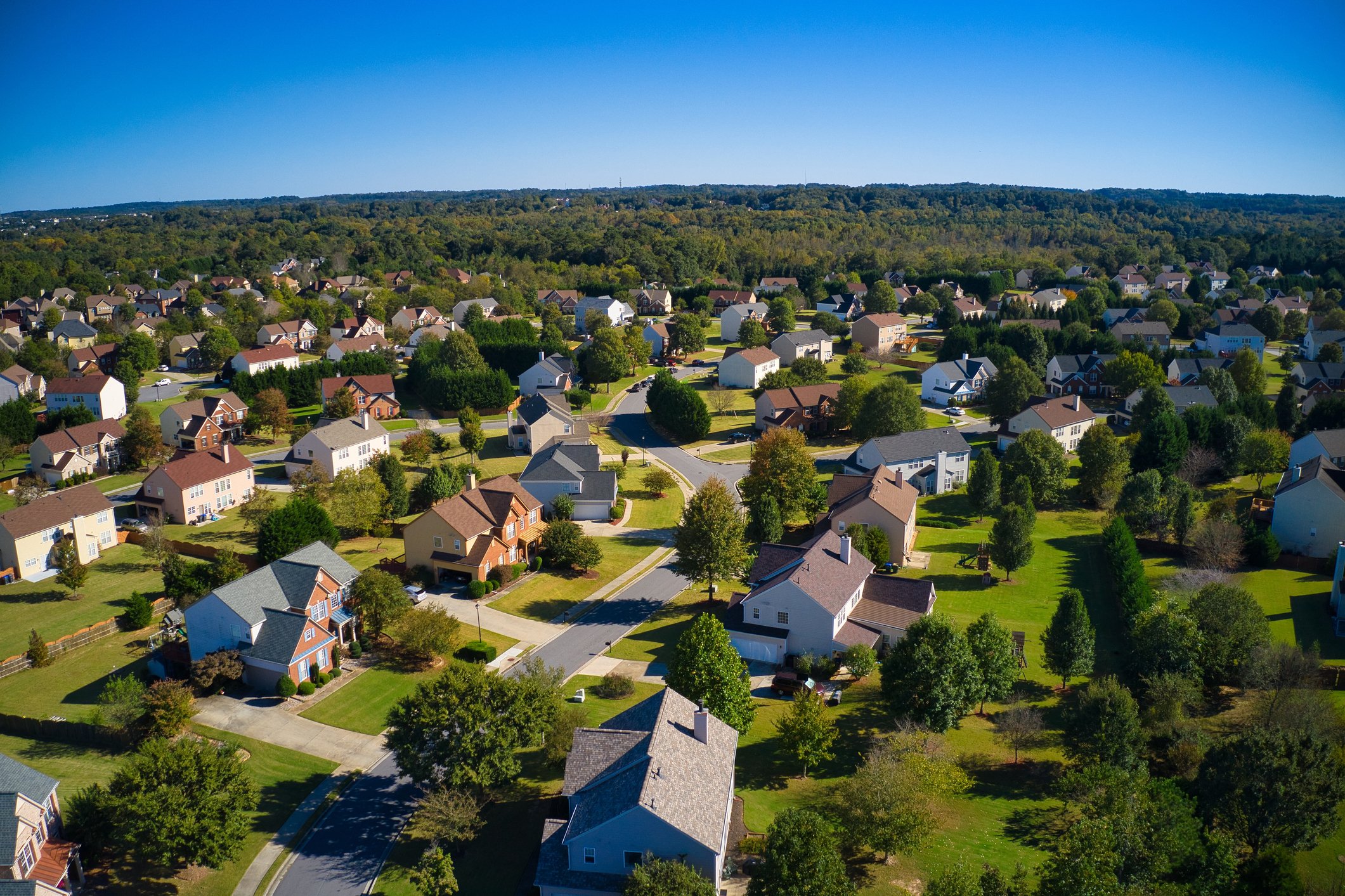 Aerial shot of a suburban neighborhood.