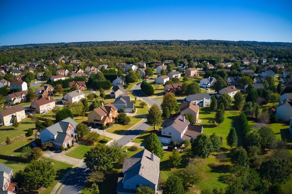 Aerial shot of a suburban neighborhood.