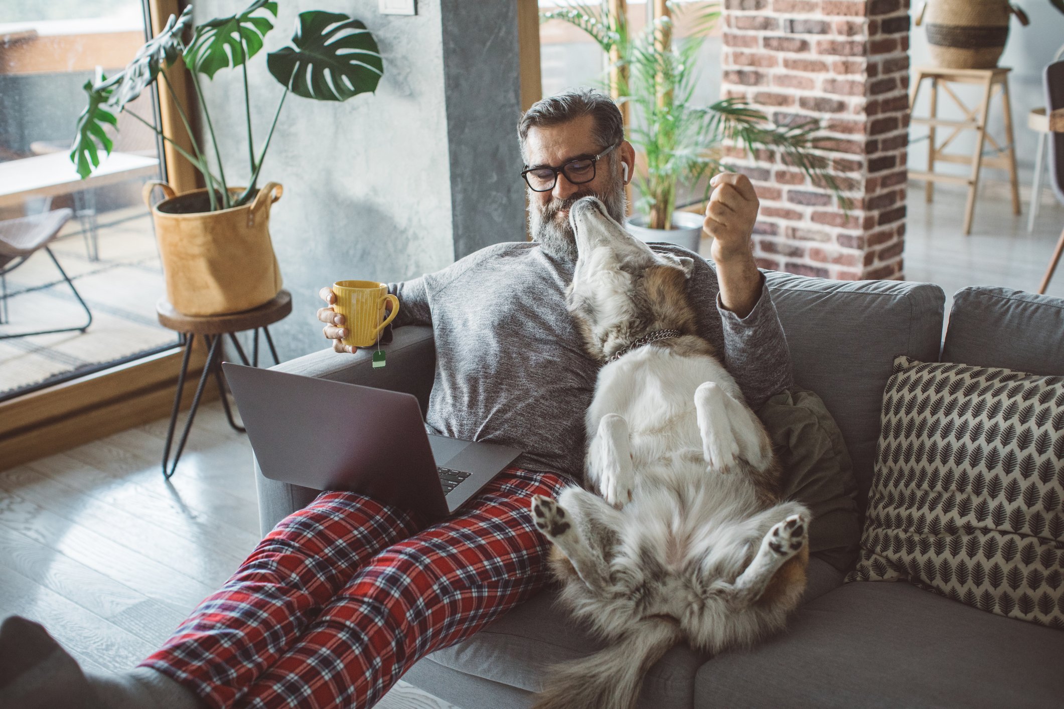 A person sits on a couch with a mug, laptop, and dog.