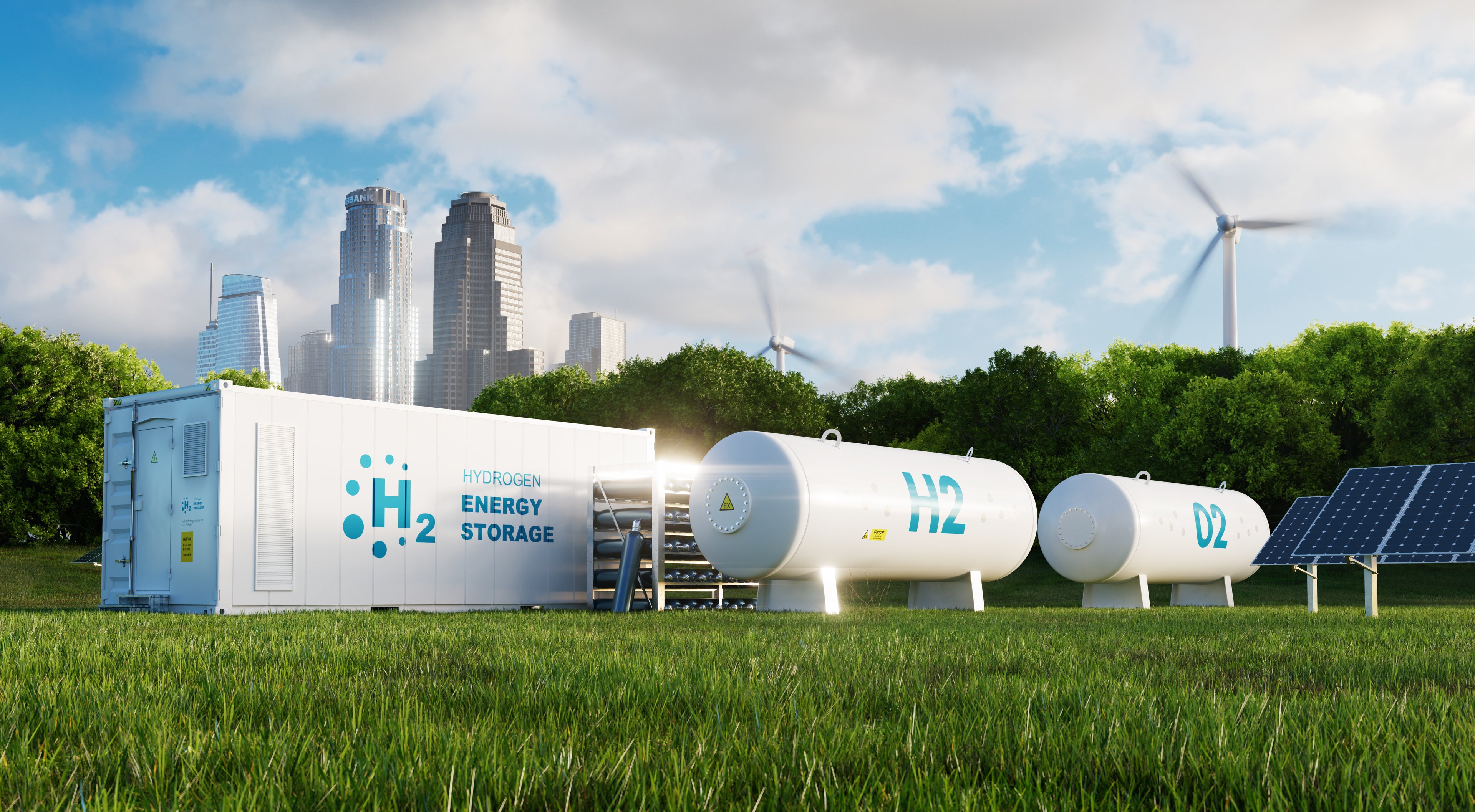Hydrogen energy storage with a city skyline in the background.