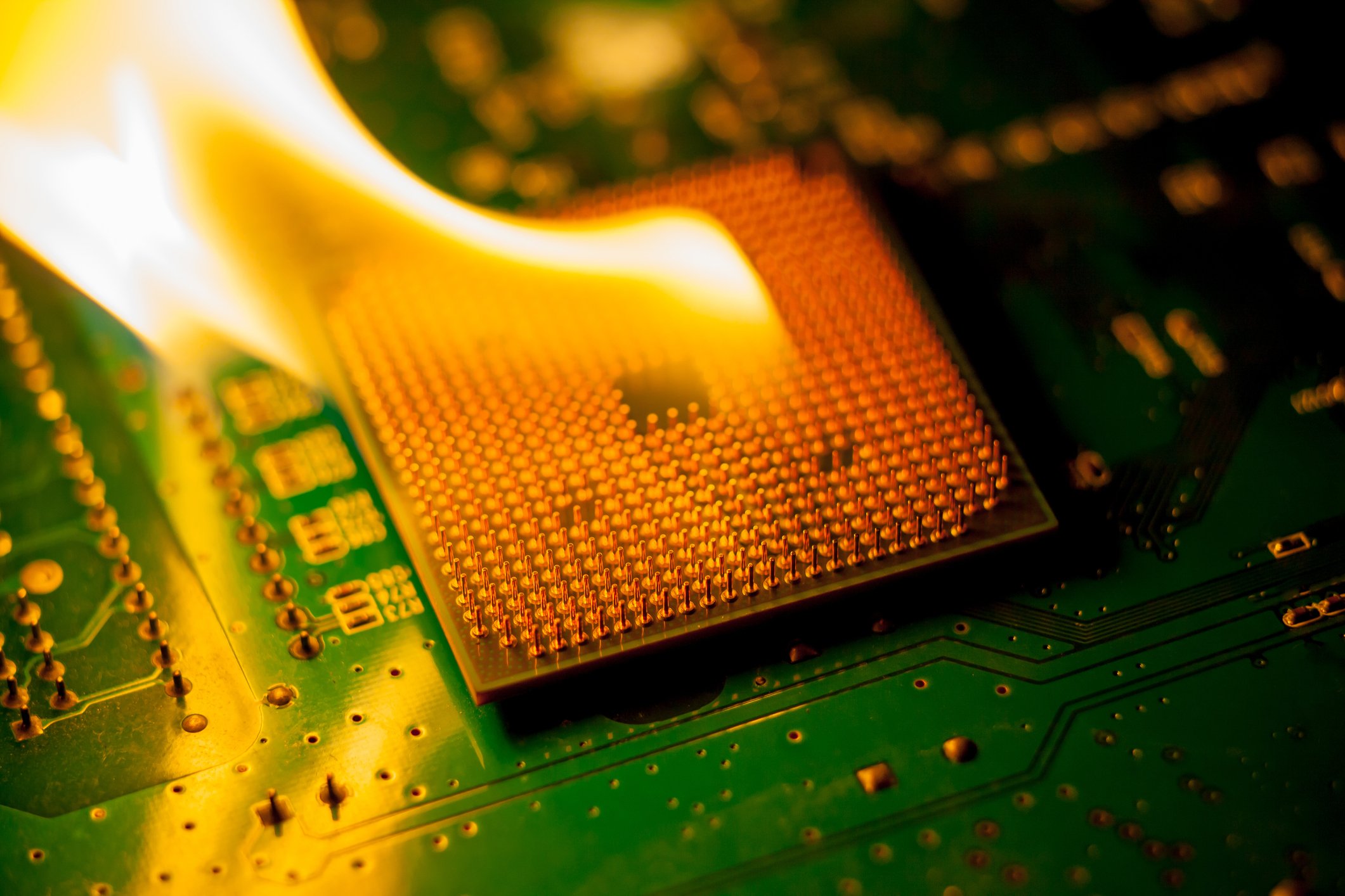 A central processing unit (CPU) on fire.
