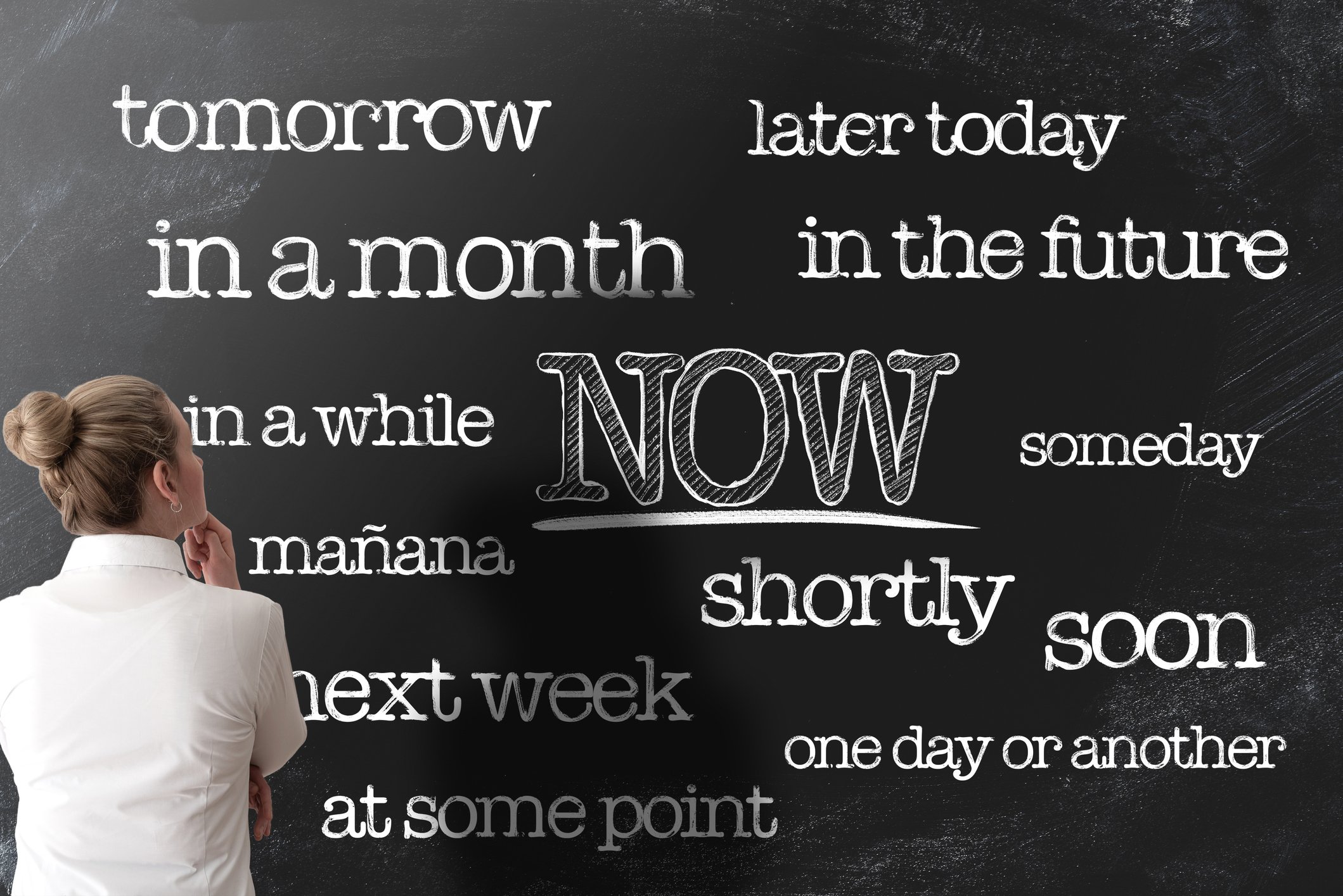 A person looks at a chalkboard covered with words related to time, with NOW underlined.