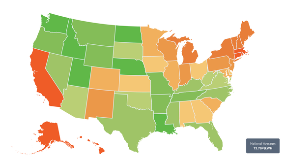 Map showing state-by-state cost of energy.