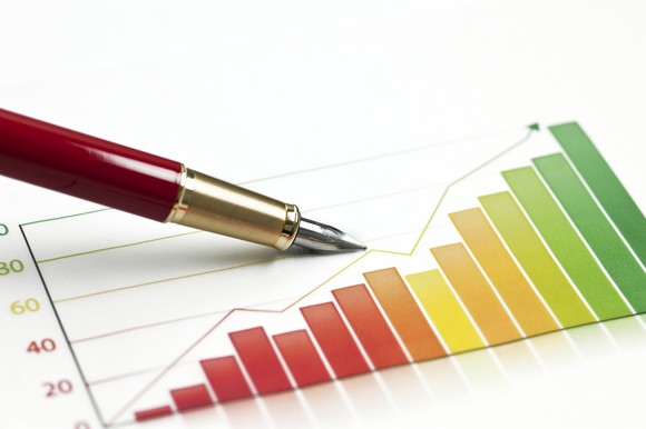 A pen pointing to an upward trending bar graph that fades from red to green.