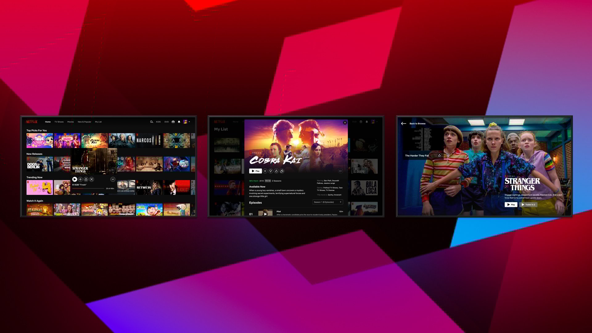 Three screenshots of Netflix content menus, featuring the new double thumbs-up rating for one title.