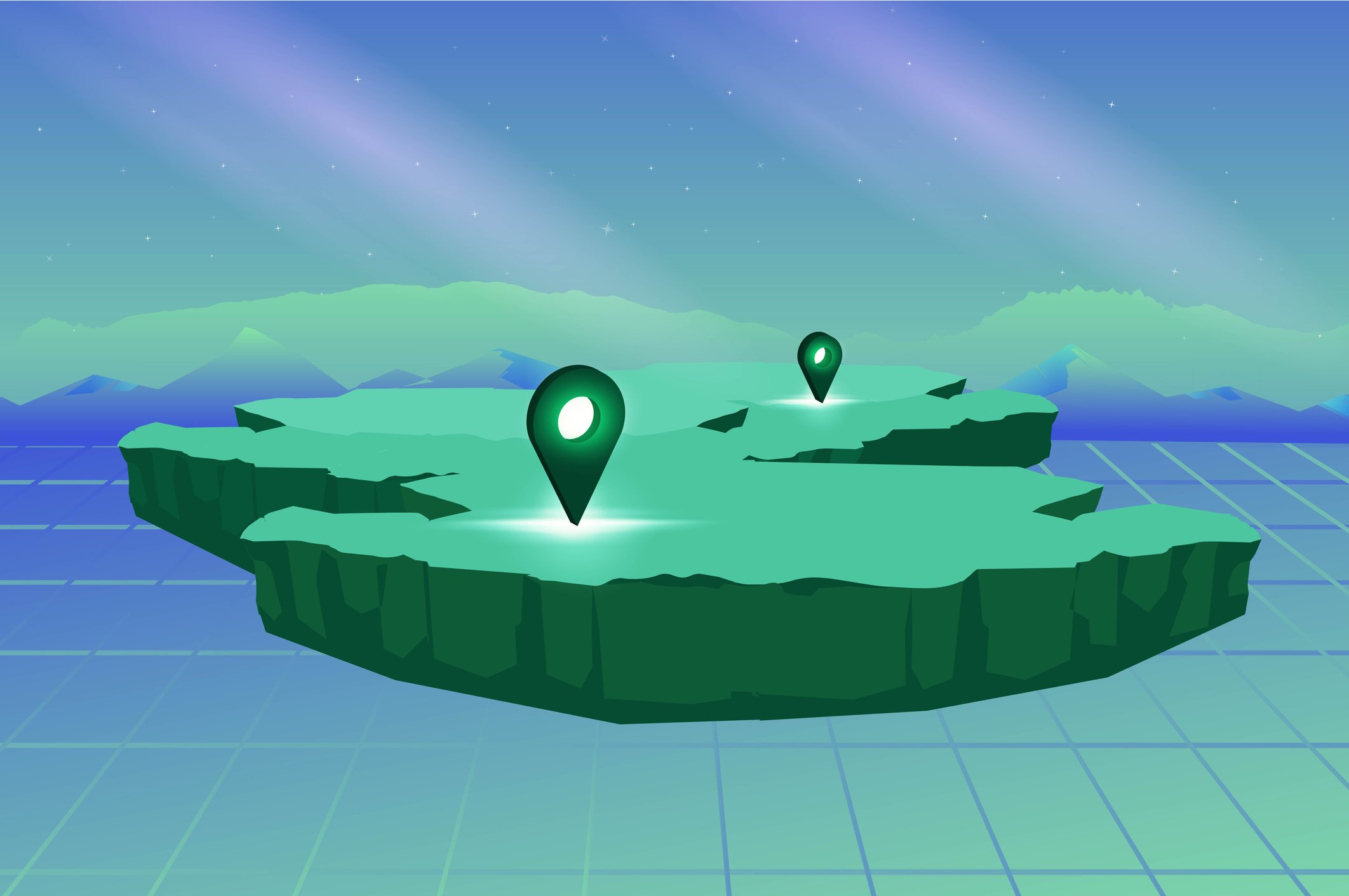 A parcel of land floats above a gridded plane.