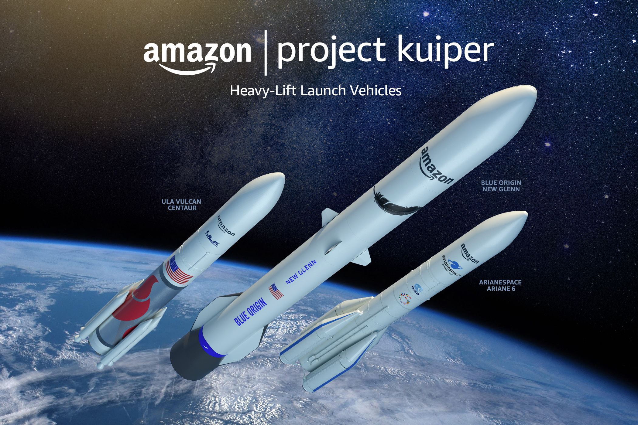 An artist illustration shows the various heavy lift launch vehicles involved in Amazon's Project Kuiper