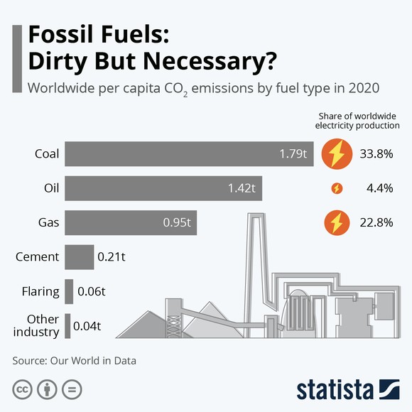 An infograph showing worldwide carbon dioxide emission by fuel type in 2020.