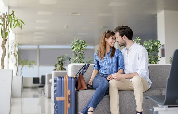 Air travelers at an airport. 