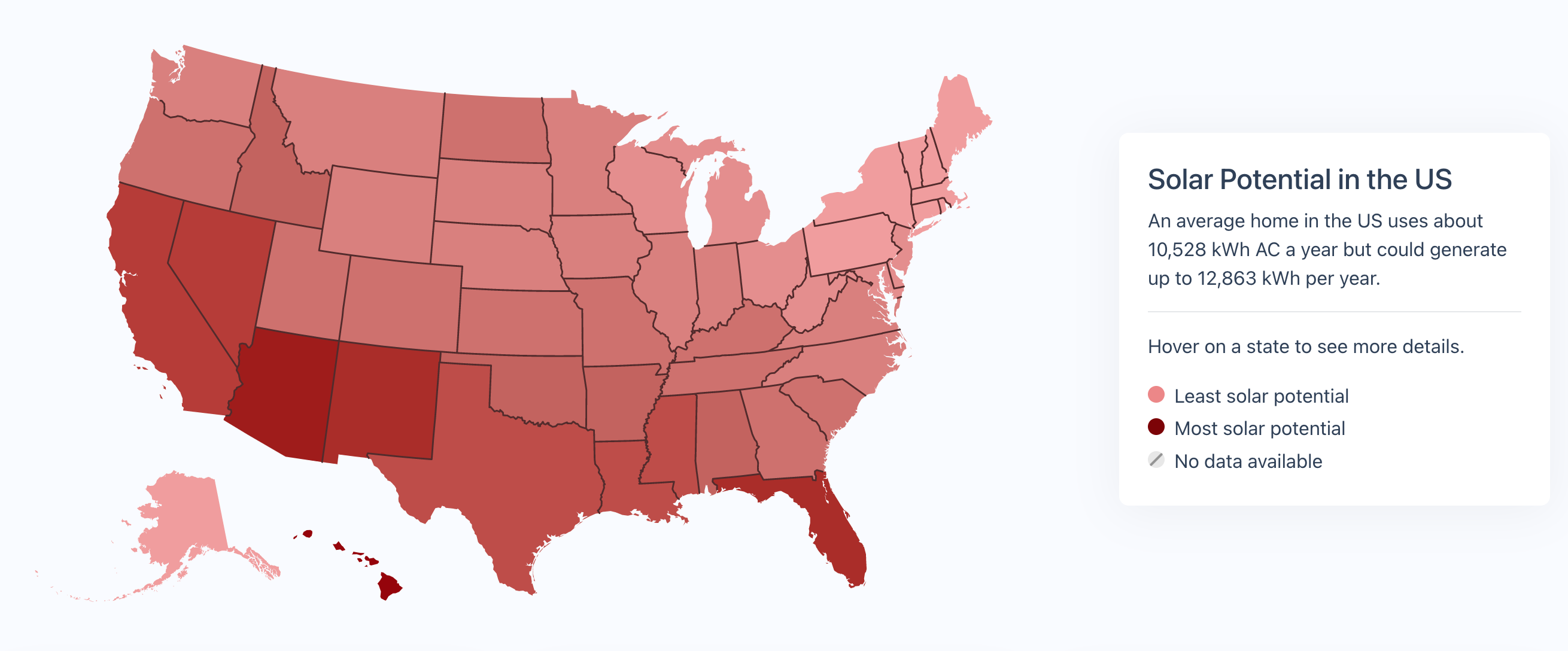 Map of USA showing state by state solar potential.