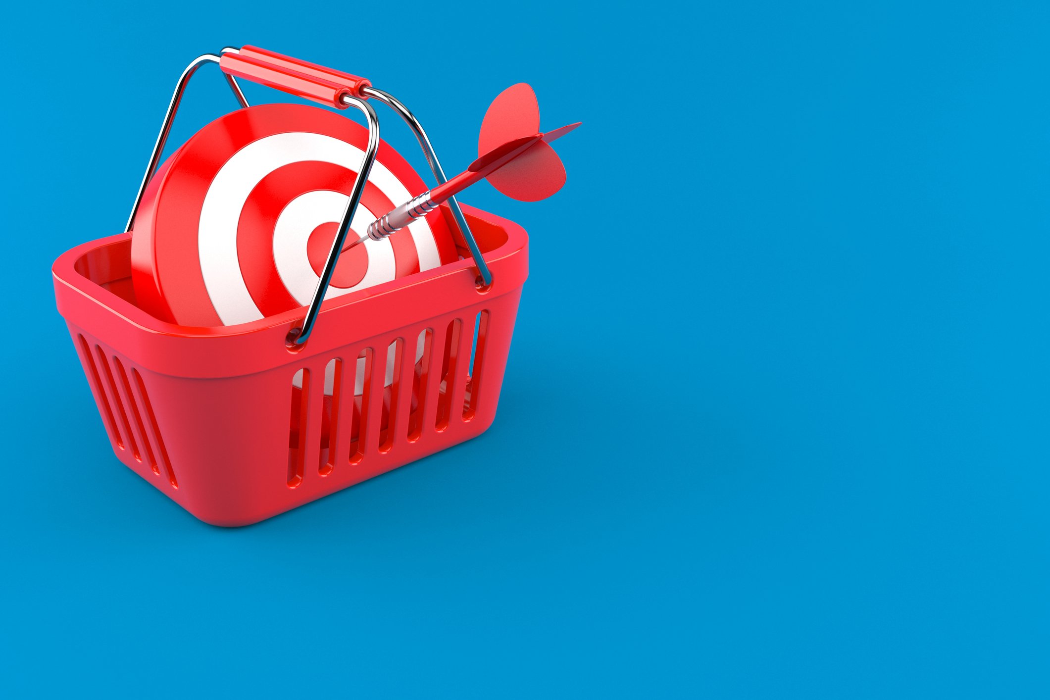 A red shopping basket holding a round target with a dart in the bull's eye.