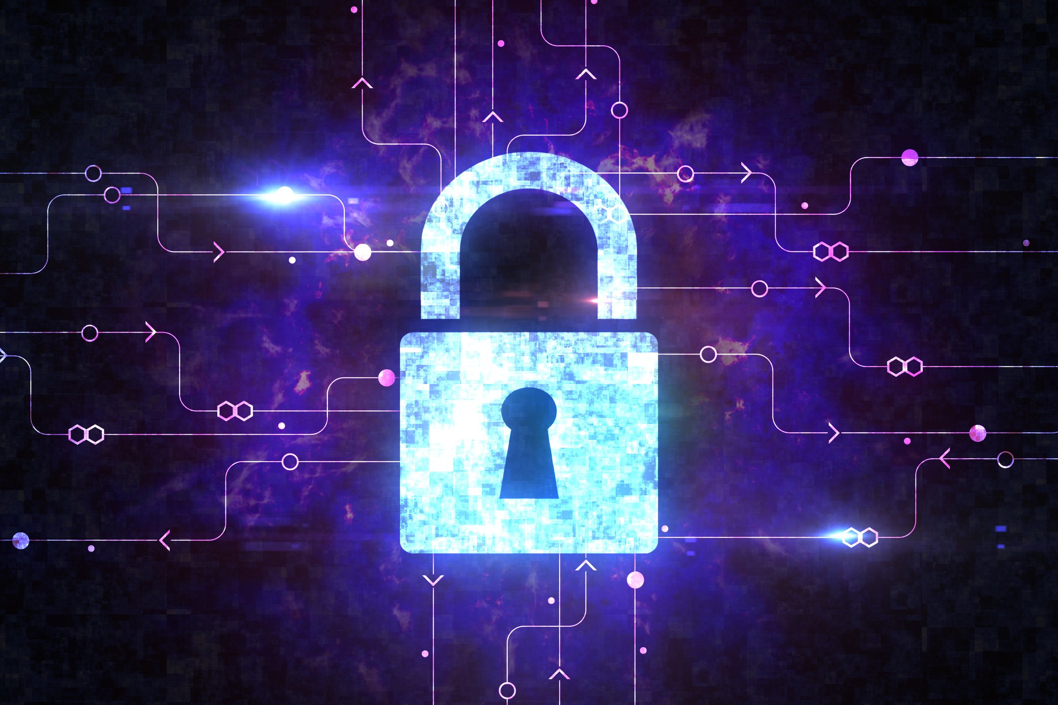 Digital security graphic of a lock on a purple background.