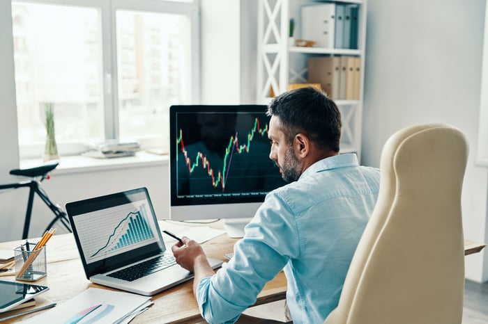 A person is looking at stock charts on laptop and desktop computers. 