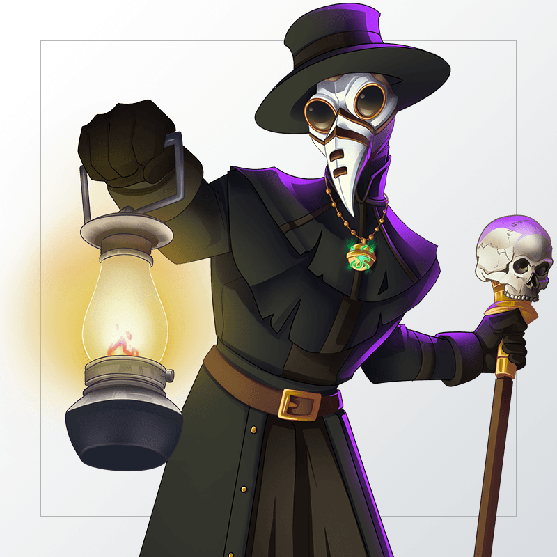 Person wearing an alien gas mask holds up a lantern with one hand and a cane with a skull at the top in the other.