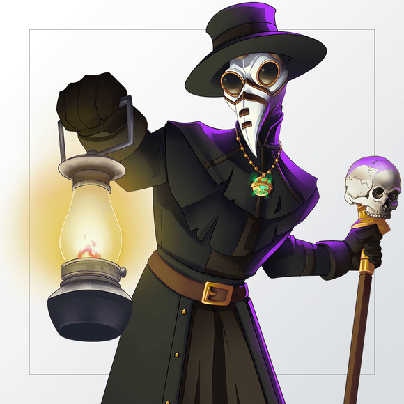 Person wearing an alien gas mask holds up a lantern with one hand and a cane with a skull at the top in the other.