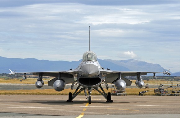 F-16 fighter jet seen head-on.