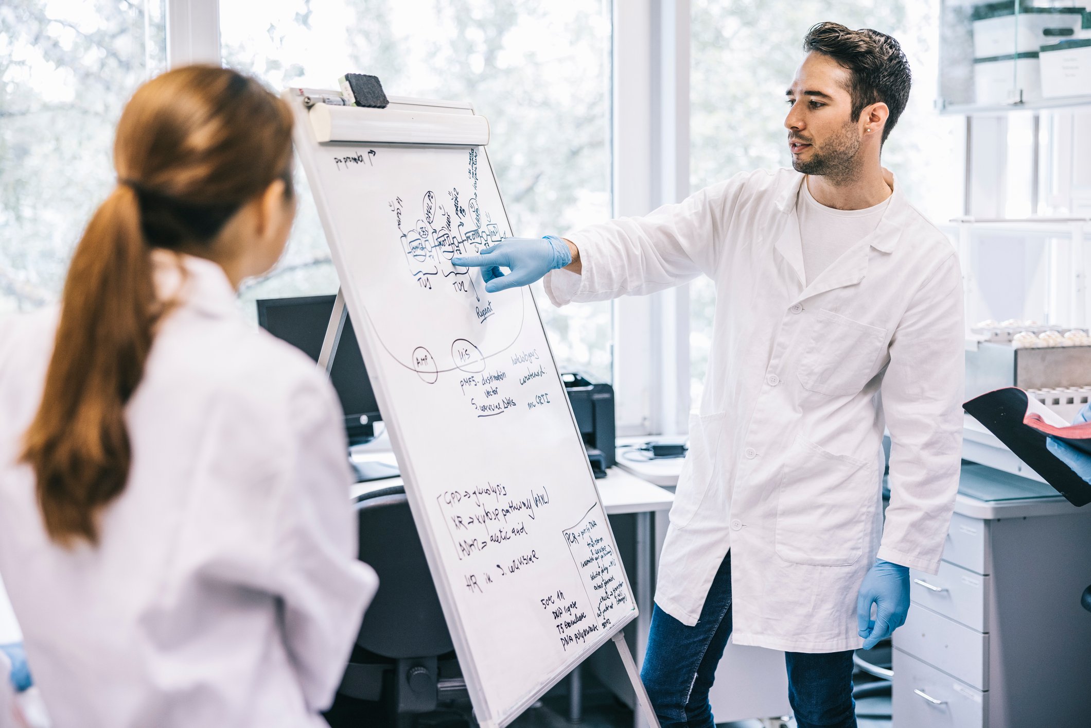 A scientist gestures to a drawing on a whiteboard while in the laboratory with a colleague.