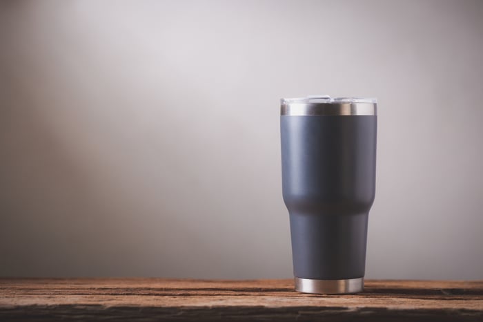 A Yeti tumbler on a table.