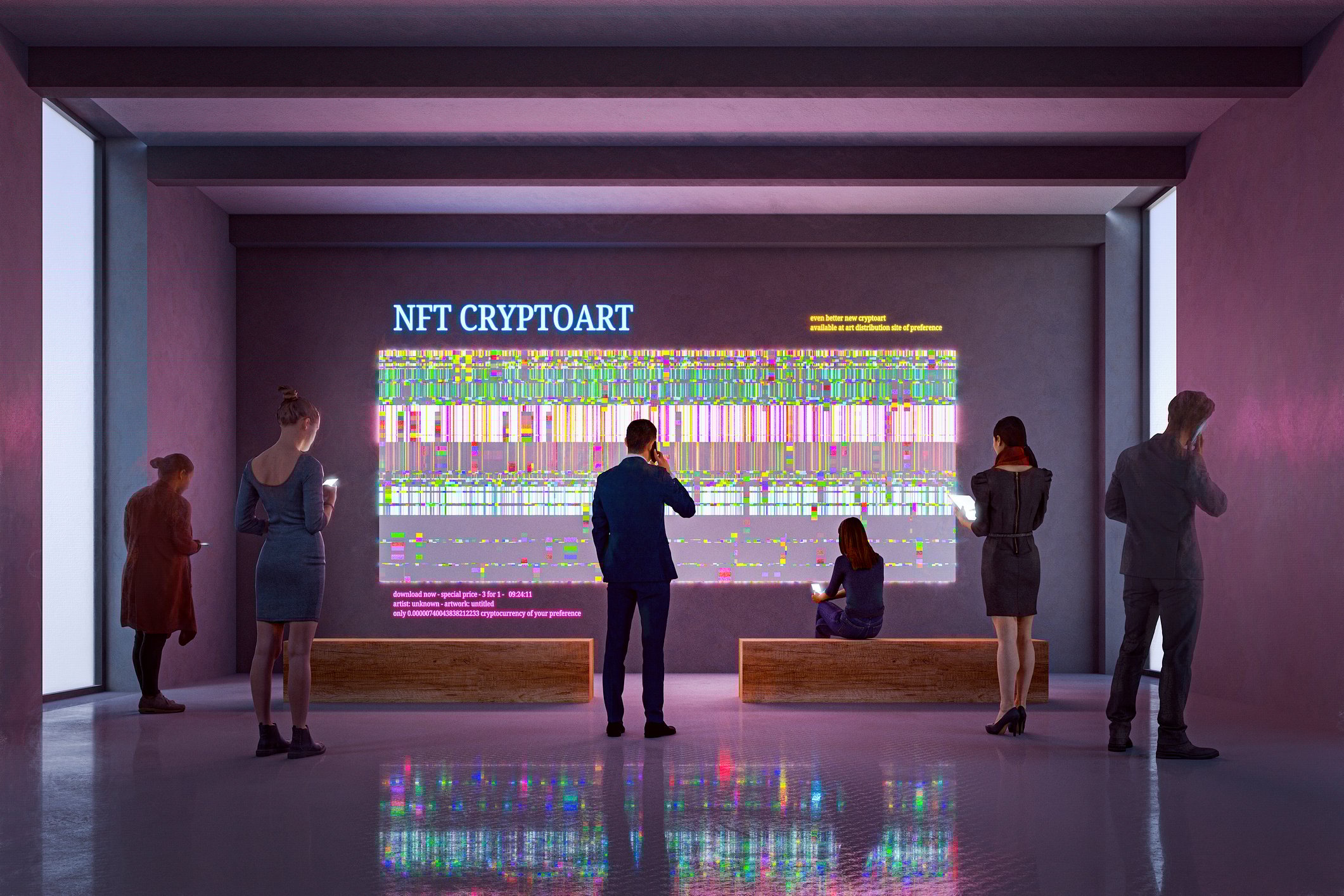 Several people stand in an NFT art gallery.