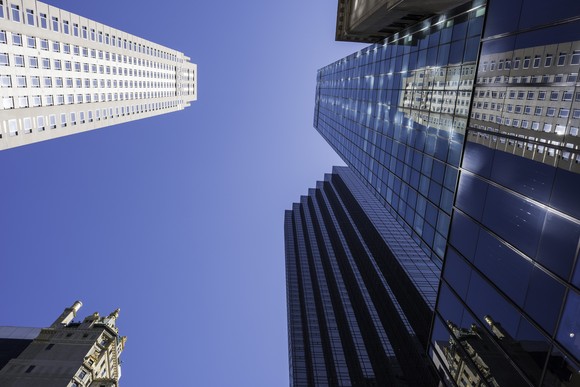 A view of skyscrapers from below.