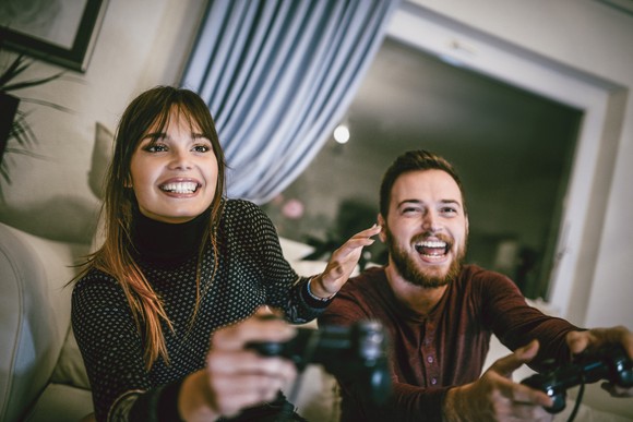 Two people playing video games.