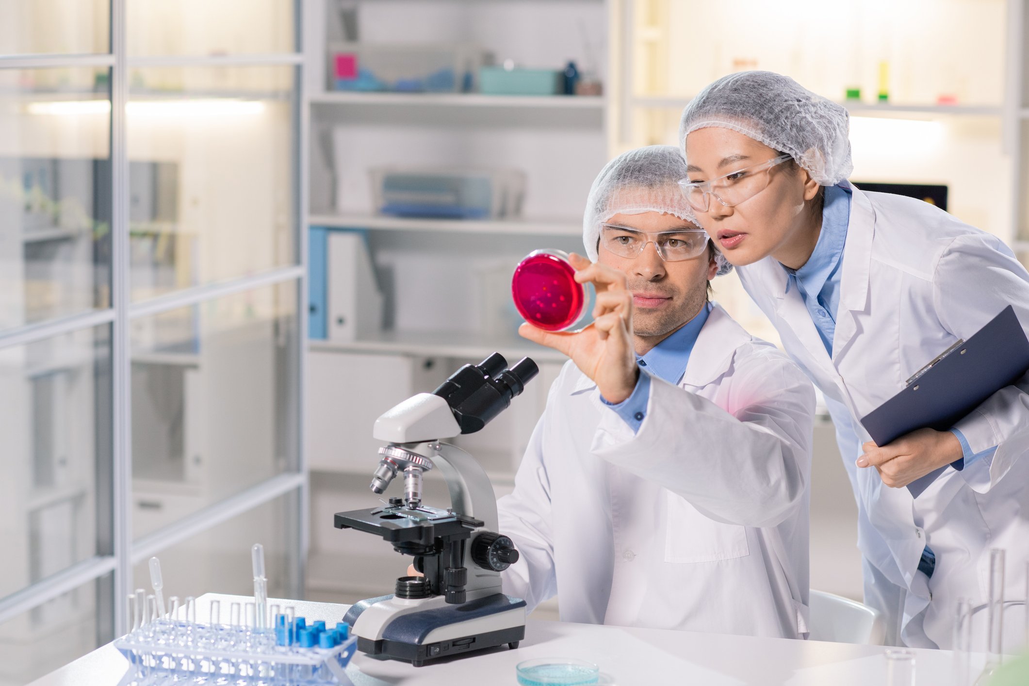 Biotech engineers studying samples in a lab.