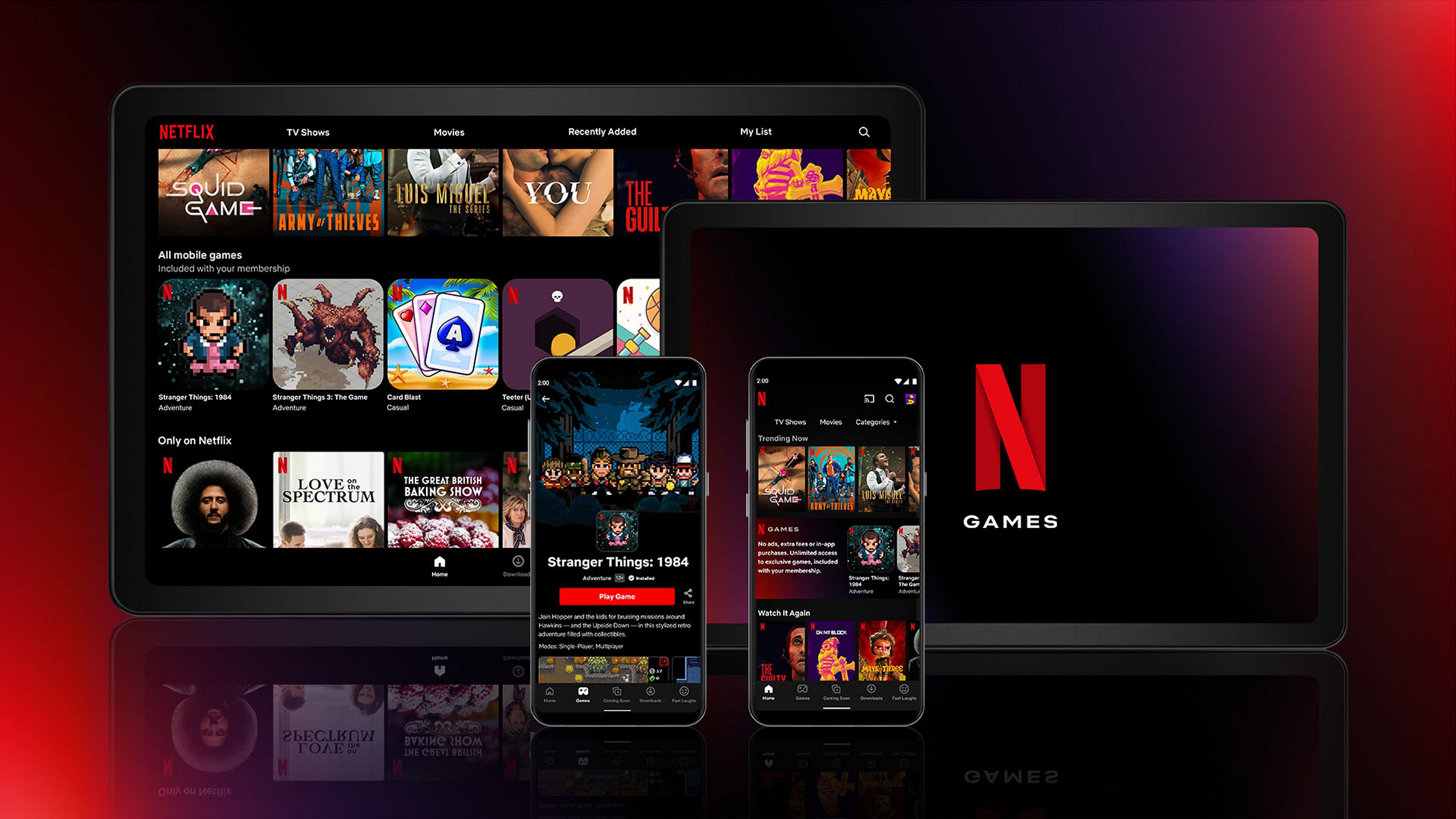 Netflix's video games being displayed on TVs and mobile devices.