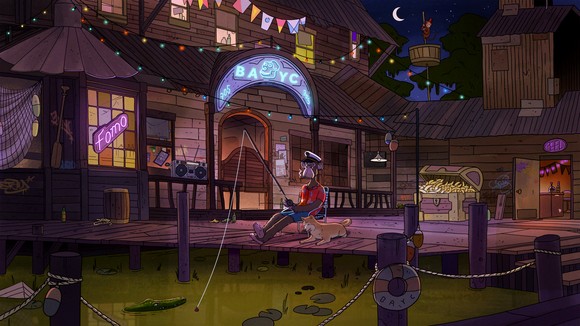 Bored Ape Yacht club artwork depicting its virtual "headquarters."