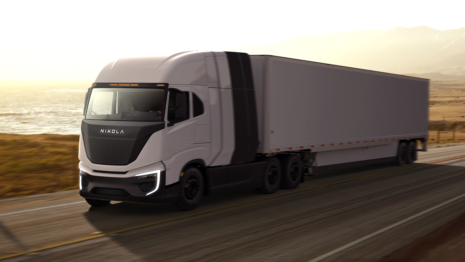 Nikola fuel cell electric heavy truck on road. 