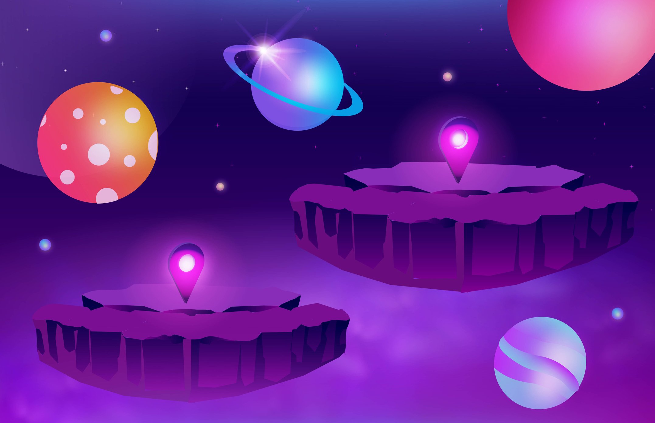 Empty land parcels float through space, there are planets in the background.