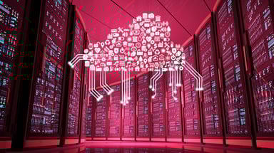 A cloud icon in a server room.